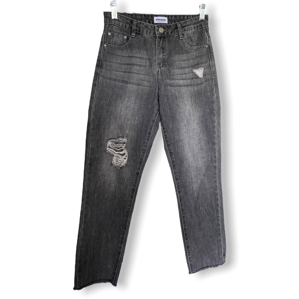 RSQ Girls Jeans Size 12 Black High Rise Straight Leg Raw Hem Distressed